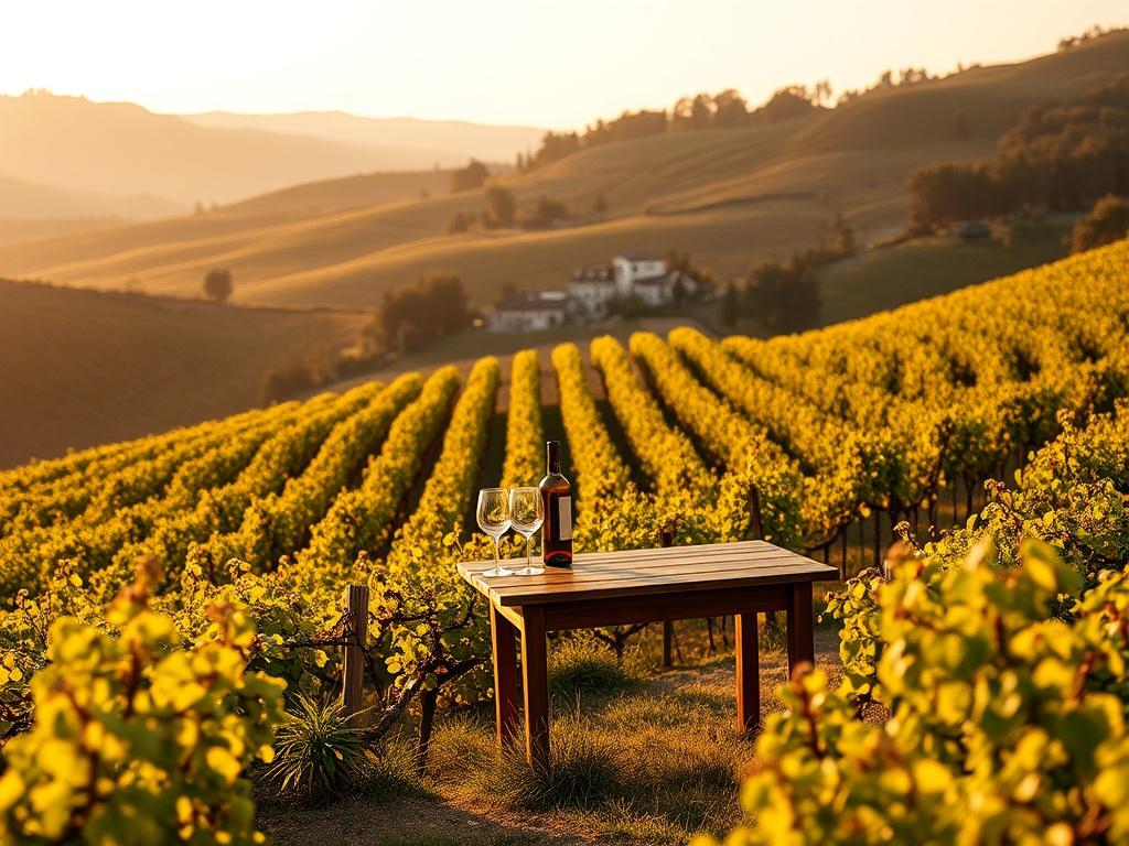 **Prompt for AI Image Generation:**

Create a realistic high-resolution photo that captures the essence of "Alba, Italy: Tourism Through Wine Landscapes and Daily Life." The composition should feature a serene vineyard landscape in the foreground, showcasing sloping hills lush with rows of grapevines bathed in soft golden light, emphasizing the peaceful atmosphere of Alba. 

In the center of the image, include a solitary rustic wooden table adorned with a few wine glasses and a half-full bottle of Nebbiolo.