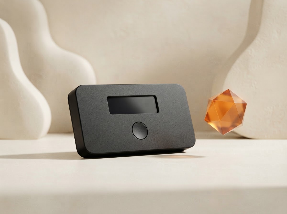 Trezor hardware wallet with a warm amber geometric coin