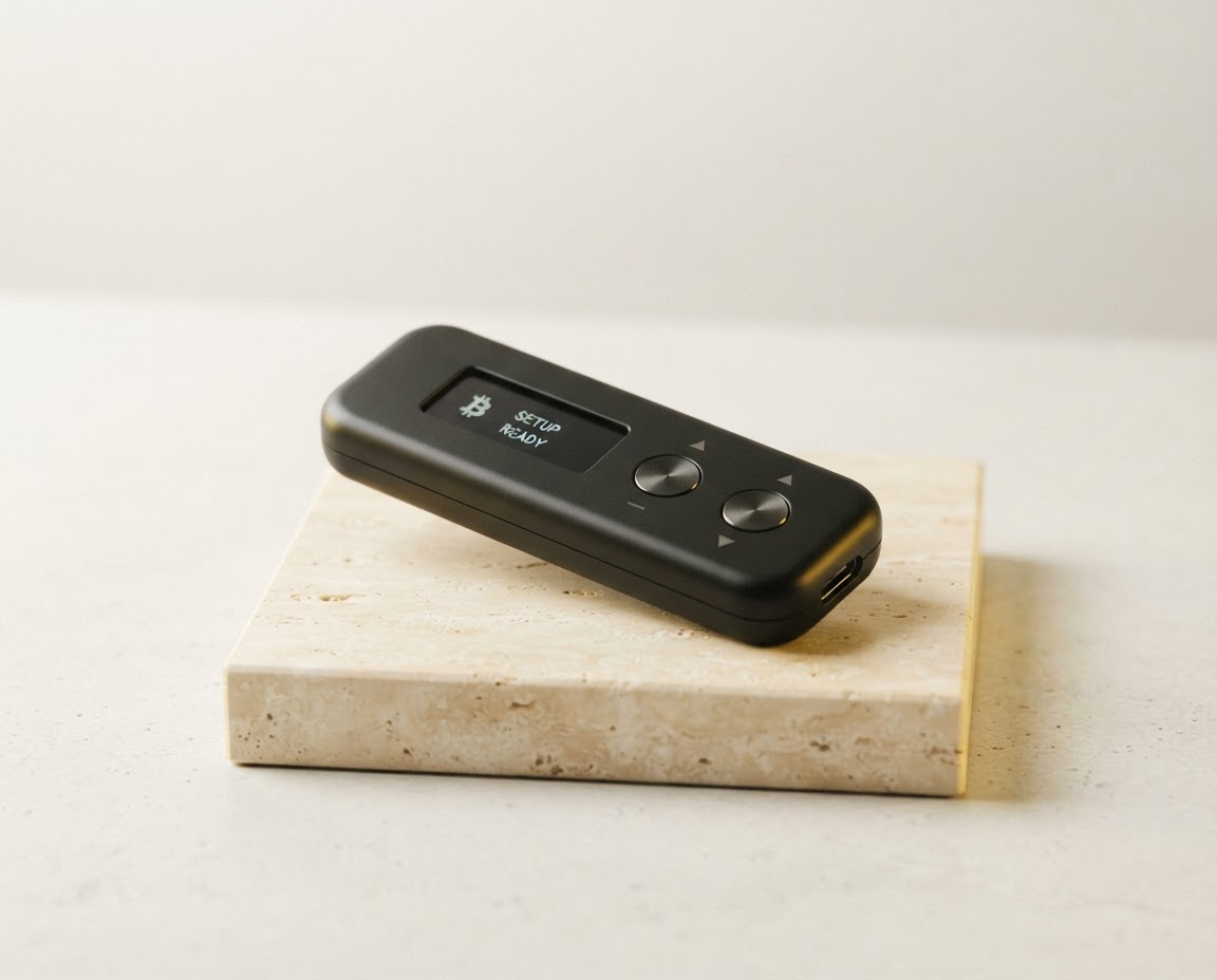 A Trezor-style hardware wallet device shown on a softly lit display plinth