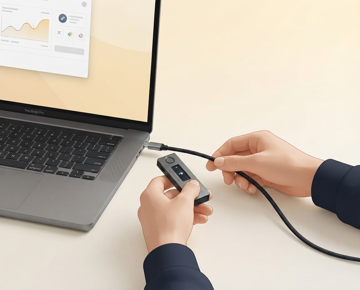 Illustration of a hardware wallet connecting to a laptop by USB cable