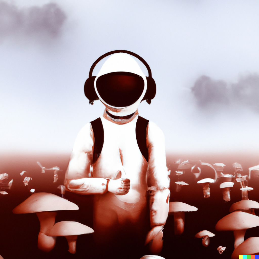 dall·e 2024-01-10 23.01.24 - a super hero astronaut wearing headphones in a mushroom field , digital image minimalism.png