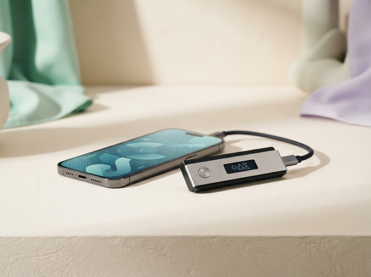 A hardware wallet beside a smartphone displaying an abstract security interface