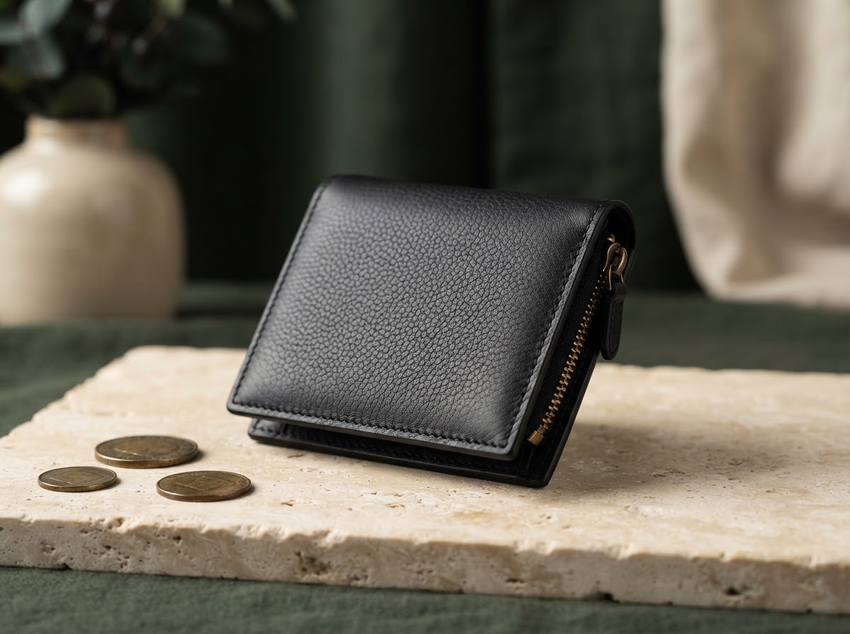 A compact black leather coin wallet with brass coins on a warm stone surface
