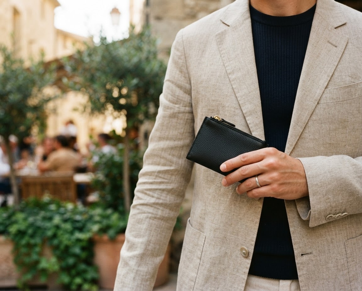 Everyday carry with a slim leather coin wallet held alongside a neutral jacket