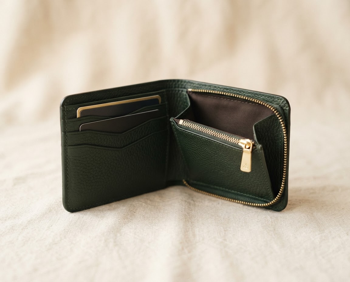 Open dark green wallet showing the spacious coin pocket and card slots