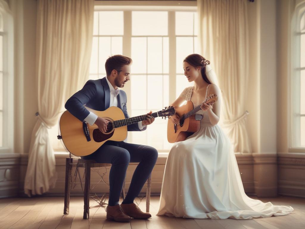 a couple playing acoustic music at a wedding, soft lighting,