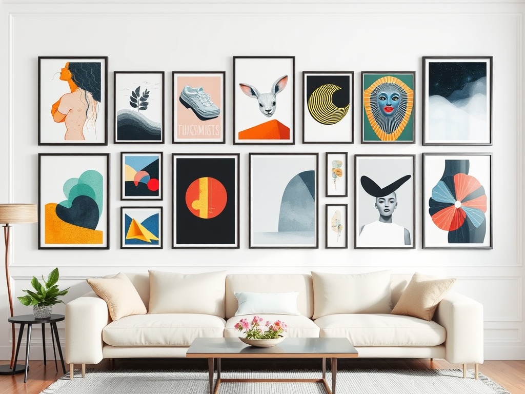 Gallery wall with diverse poster styles