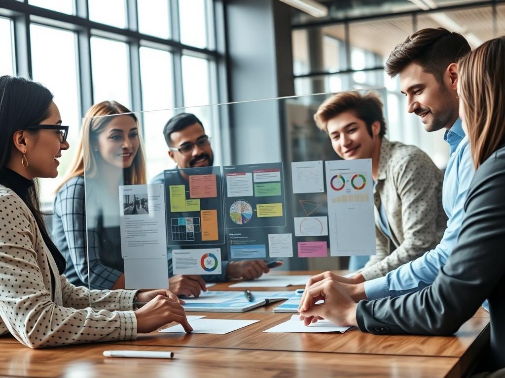 A close-up shot of a diverse team gathered around a table, deeply engaged in a strategy planning session. The focus is on a transparent glass board filled with colorful diagrams and notes. The background features a modern office setting with natural light streaming through large windows, creating an inviting and collaborative atmosphere. The composition highlights the teamwork and synergy among the individuals as they discuss and strategize, showcasing the essence of clarity and alignment in workplace strat