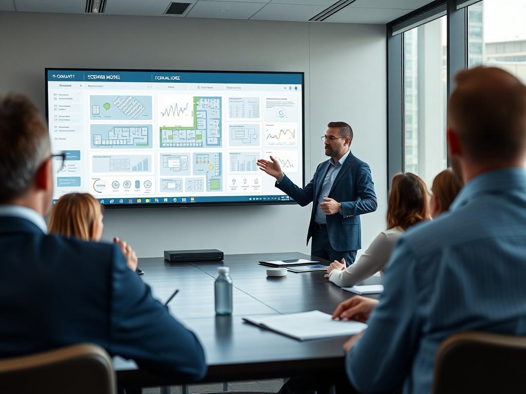 A consultant presenting a scenario model on a large screen in a boardroom. The image captures the consultant explaining the model to an engaged audience, with visual aids displaying various workplace layouts and data. The setting is modern, with a professional atmosphere.