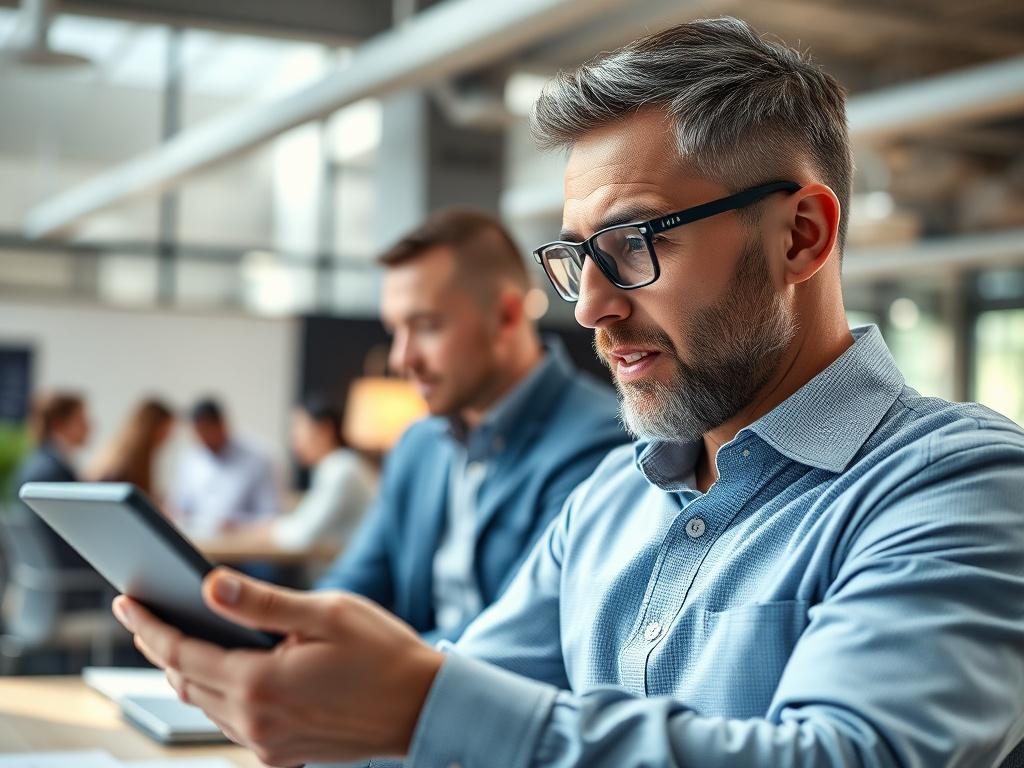 A focused shot of a consultant analyzing workplace data on a tablet in a modern office space. The background shows a collaborative work environment with employees engaged in discussions. The lighting is bright and inviting, highlighting the consultant's expressions of concentration and insight.