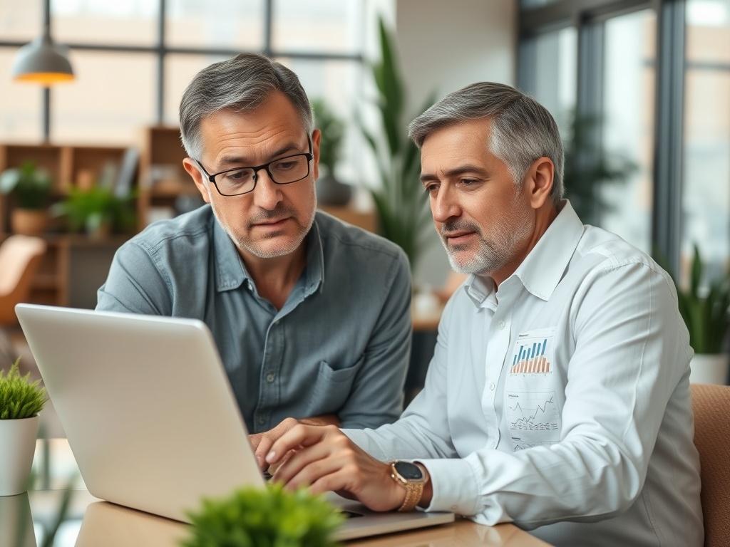 A hyper-realistic close-up shot of a consultant analyzing workplace data on a laptop in a modern office setting. The background shows a well-designed, collaborative workspace with natural light, plants, and comfortable seating. The consultant, a middle-aged professional, is focused on the screen, with charts and graphs visible. The composition is simple, highlighting the subject and the workspace environment.
