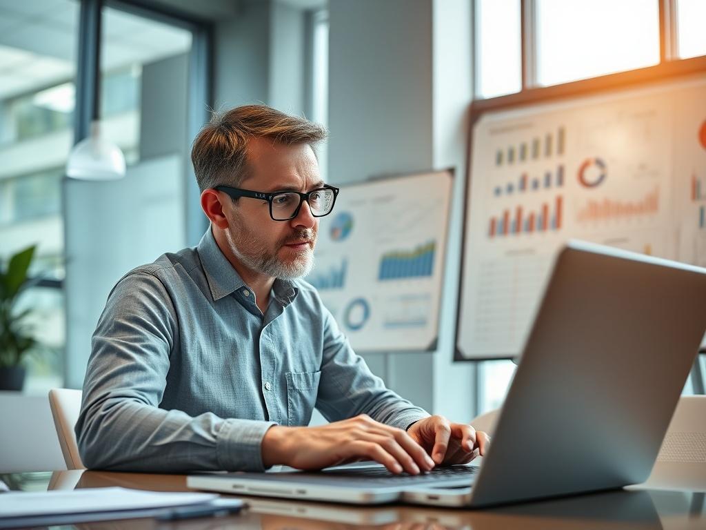 A close-up shot of a consultant analyzing workplace data on a laptop in a modern office. The consultant, a middle-aged man, is focused and engaged with the screen, surrounded by charts and graphs on a whiteboard in the background. The office has a sleek design with natural light coming through large windows, enhancing the atmosphere of productivity and innovation.