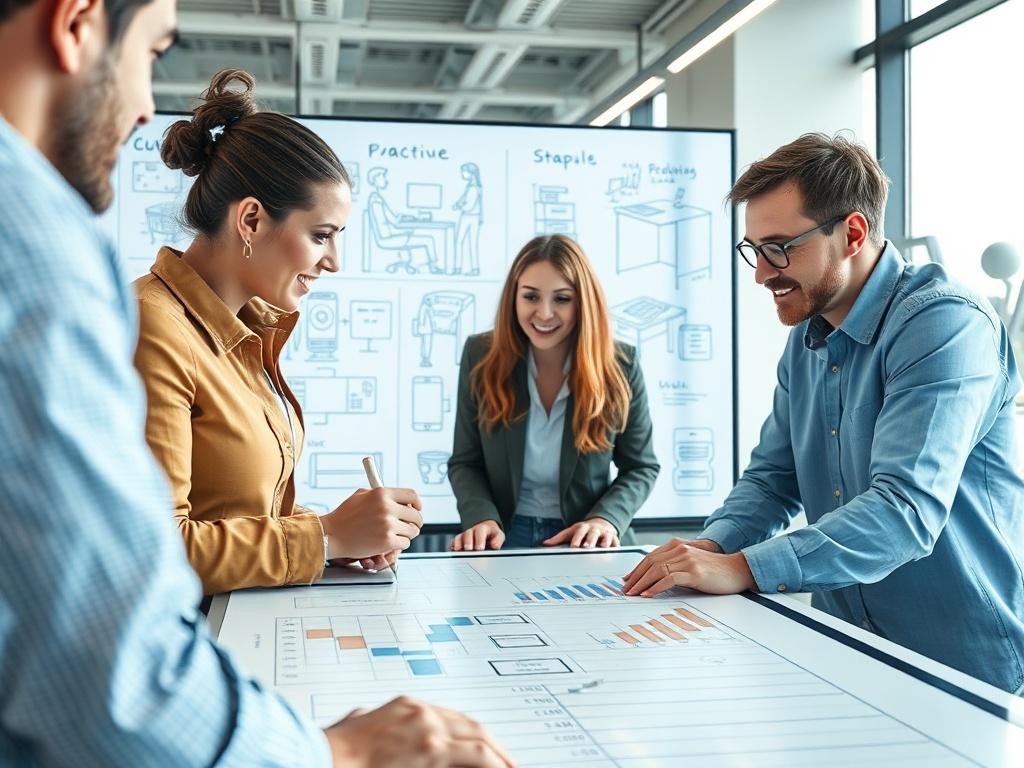 A high-resolution close-up shot of a team collaborating on a scenario model using a digital whiteboard in a bright, modern office. The background should feature sketches and diagrams representing different workplace setups, showcasing a dynamic and engaging planning session.