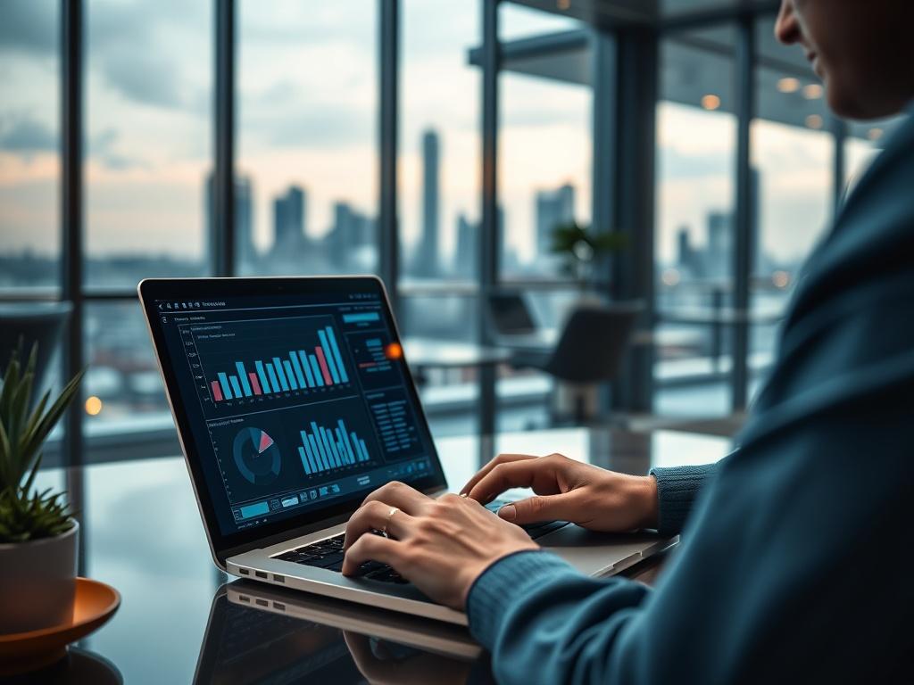 A high-resolution close-up shot of a data analyst working on a laptop with charts and graphs displayed on the screen. The background should include a modern office ambiance with a view of the city skyline, conveying a sense of analytical focus and professionalism.