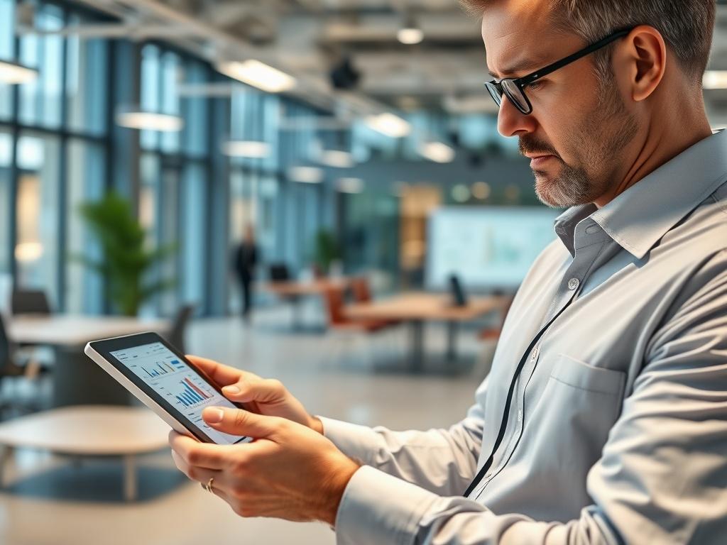 A professional consultant analyzing workplace data on a digital tablet