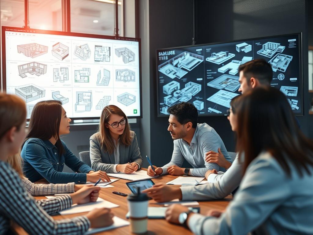 A team of professionals engaged in a brainstorming session, surrounded