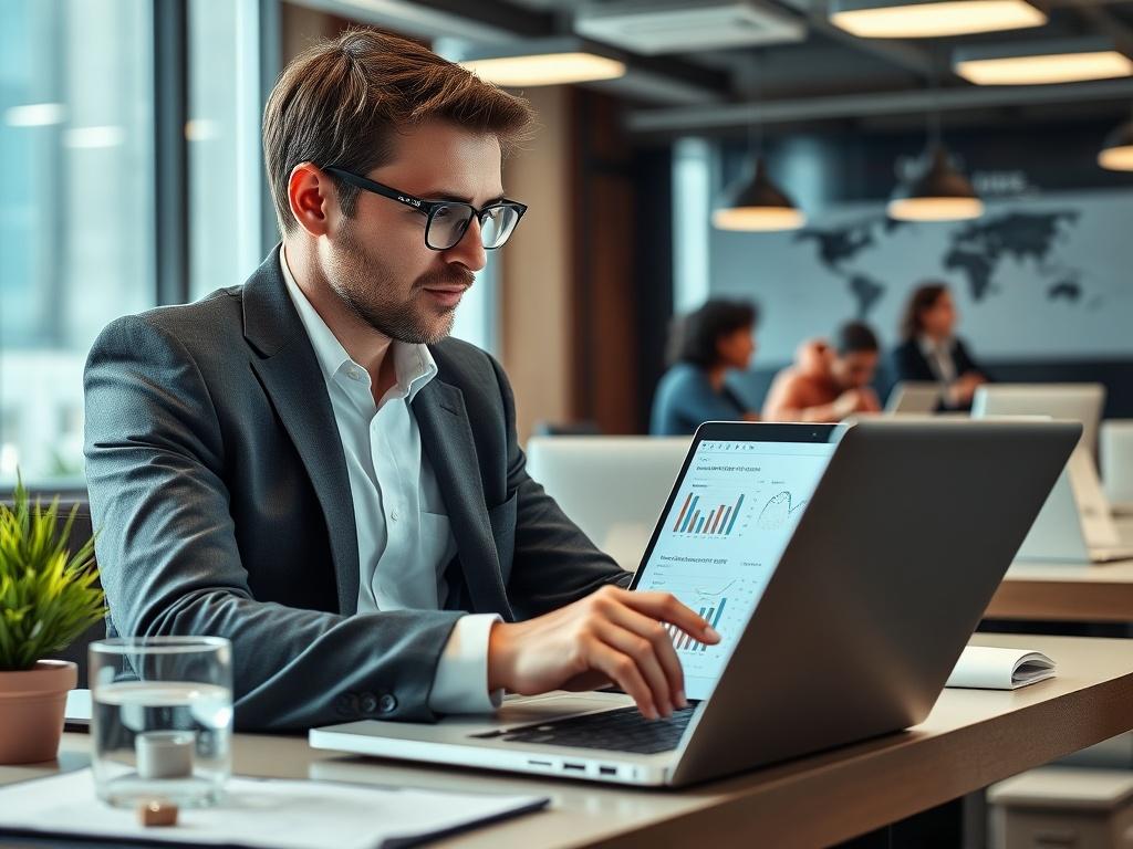 A close-up shot of a professional consultant analyzing workplace data on a laptop, surrounded by modern office elements. The background should feature collaborative workspace with people engaged in discussions, emphasizing teamwork and strategy. The image should be shot with a 45mm f/1.2 lens style for a hyper-realistic effect.