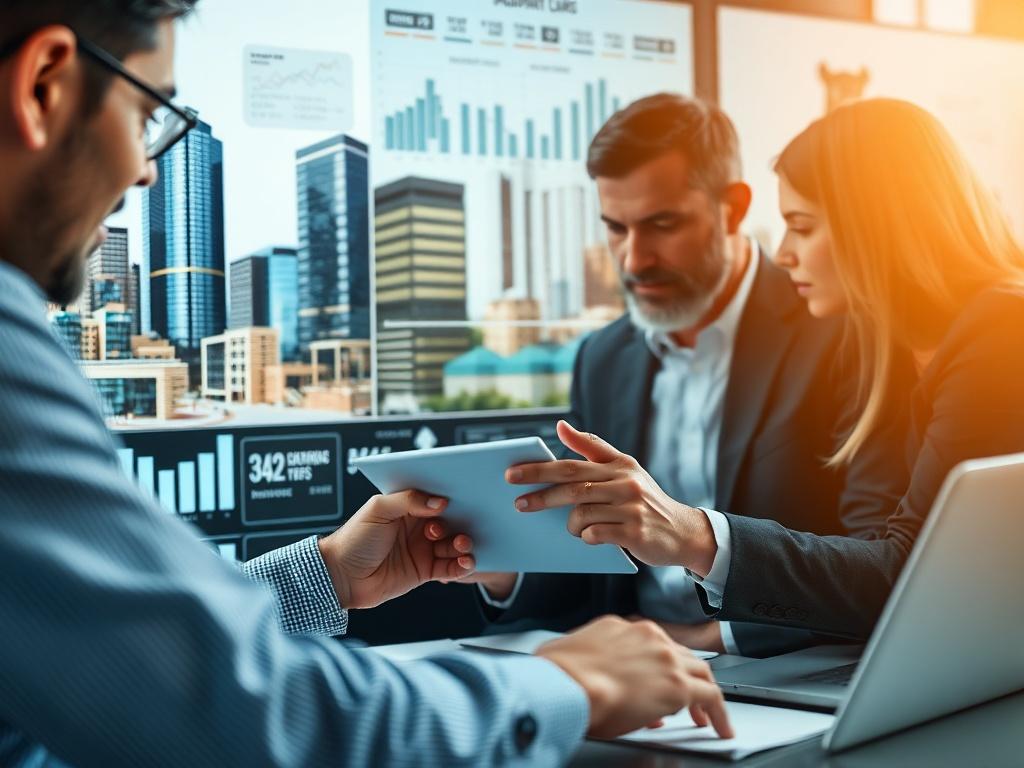 A close-up shot of a real estate consultant reviewing portfolio strategies with a client, using digital tools and analytics. The background should include visual representations of properties and spaces, emphasizing optimization and strategic planning. The image should be shot with a 45mm f/1.2 lens style for a hyper-realistic effect.