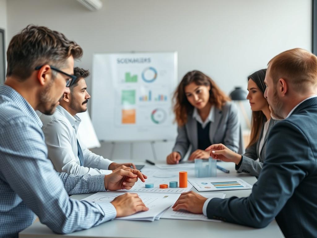 A close-up shot of a workplace planner discussing scenarios with team members, utilizing charts and models. The background should show a modern office setting with whiteboards and brainstorming materials, capturing an atmosphere of collaboration and strategic planning. The image should be shot with a 45mm f/1.2 lens style for a hyper-realistic effect.
