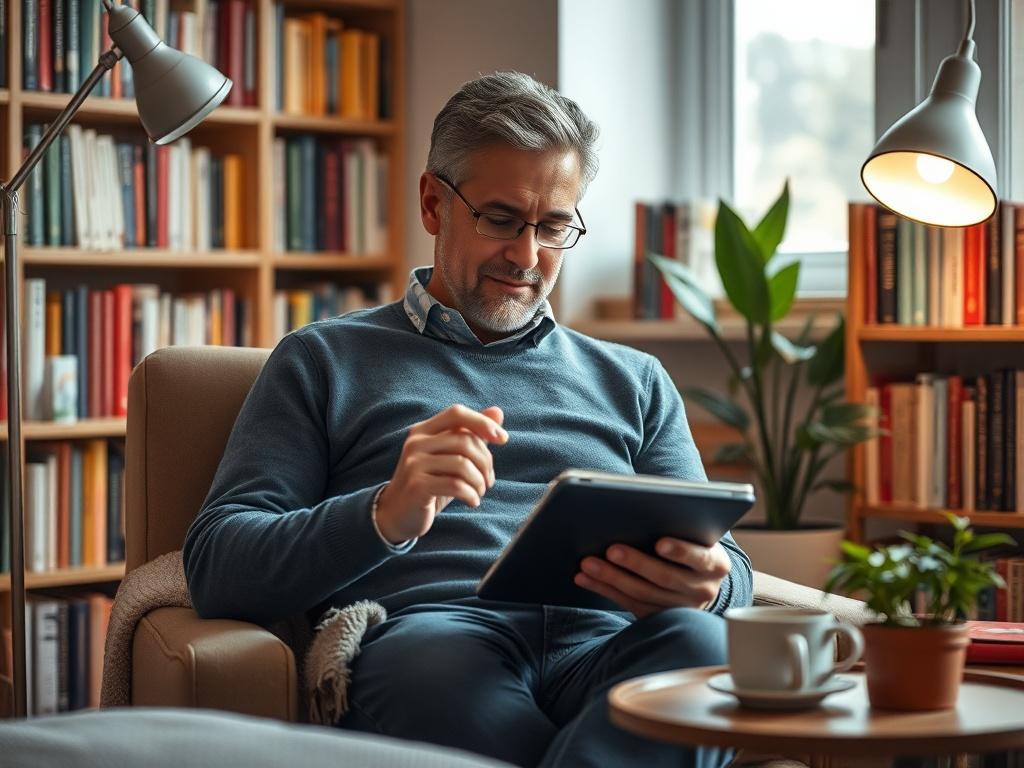 Create a realistic high-resolution photo that embodies the essence of the blog titled "Os Benefícios dos Ebooks." The composition should be simple and clear, featuring a single subject: a person comfortably seated in a cozy reading nook. The individual, a middle-aged man, is deeply engaged in reading an ebook on a sleek tablet, showcasing a look of satisfaction and concentration. 

The background should depict a warm, inviting ambiance with soft lighting, such as a floor lamp casting a gentle glow. Surround
