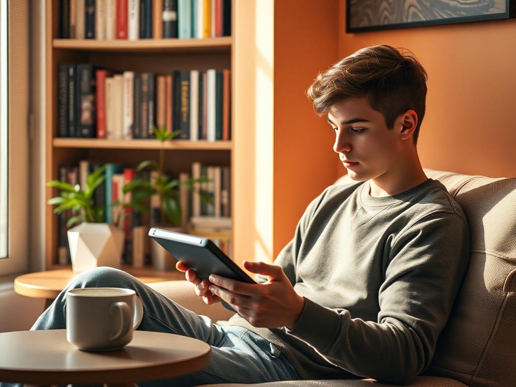 Create a realistic high-resolution photo that encapsulates the essence of the blog titled "Como Escolher o E-book Ideal." The composition should be simple and clear, focusing on a single subject—a person sitting comfortably in a well-lit, cozy reading nook. This individual, a young adult, should be depicted deeply engaged in reading an e-book on a sleek tablet. 

The background should feature warm, inviting colors, highlighting a bookshelf filled with various physical books and a small potted plant to add a