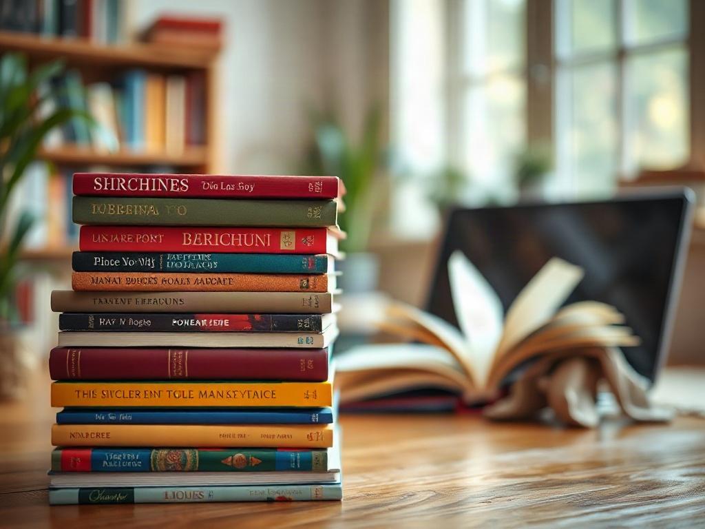 A high-resolution close-up image of a diverse group of books in a well-lit setting. The focus is on a stack of colorful ebooks and physical books with a laptop in the background. The atmosphere is inviting and warm, showcasing a love for reading. The composition is simple and clear, highlighting the books as the main subject against a cozy background.