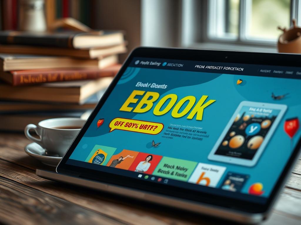 A close-up shot of a laptop screen displaying a promotional banner for eBook discounts, with colorful graphics and enticing text. The background features a cozy reading nook with a cup of coffee and a stack of books, creating an inviting atmosphere for book lovers.