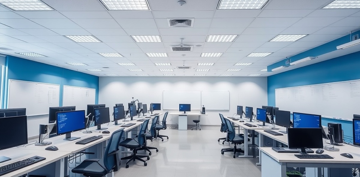 Modern software training lab environment with computers and coding infrastructure