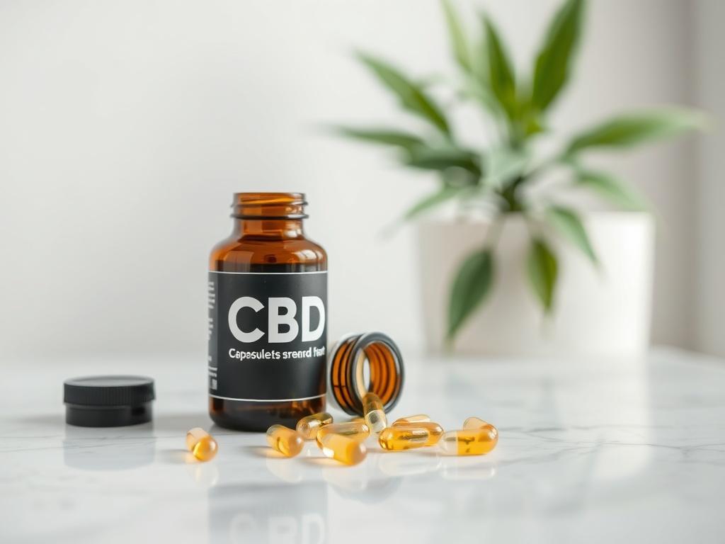 A high resolution image featuring a bottle of CBD capsules,