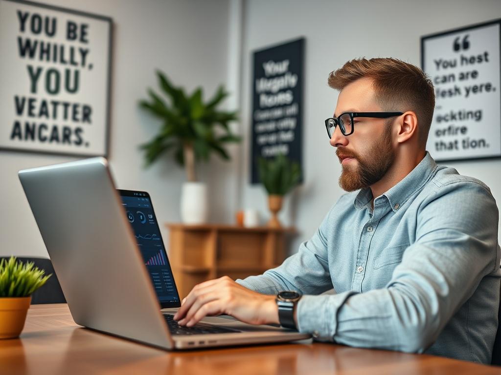 A hyper-realistic close-up shot of a digital marketing professional engaged in a video call on a laptop, with charts and data on screen. The environment reflects a contemporary office with motivational quotes on the wall. The focus is on the professional's expression and the laptop displaying vibrant analytics, with rgb(50, 170, 39) elements subtly integrated in the decor.