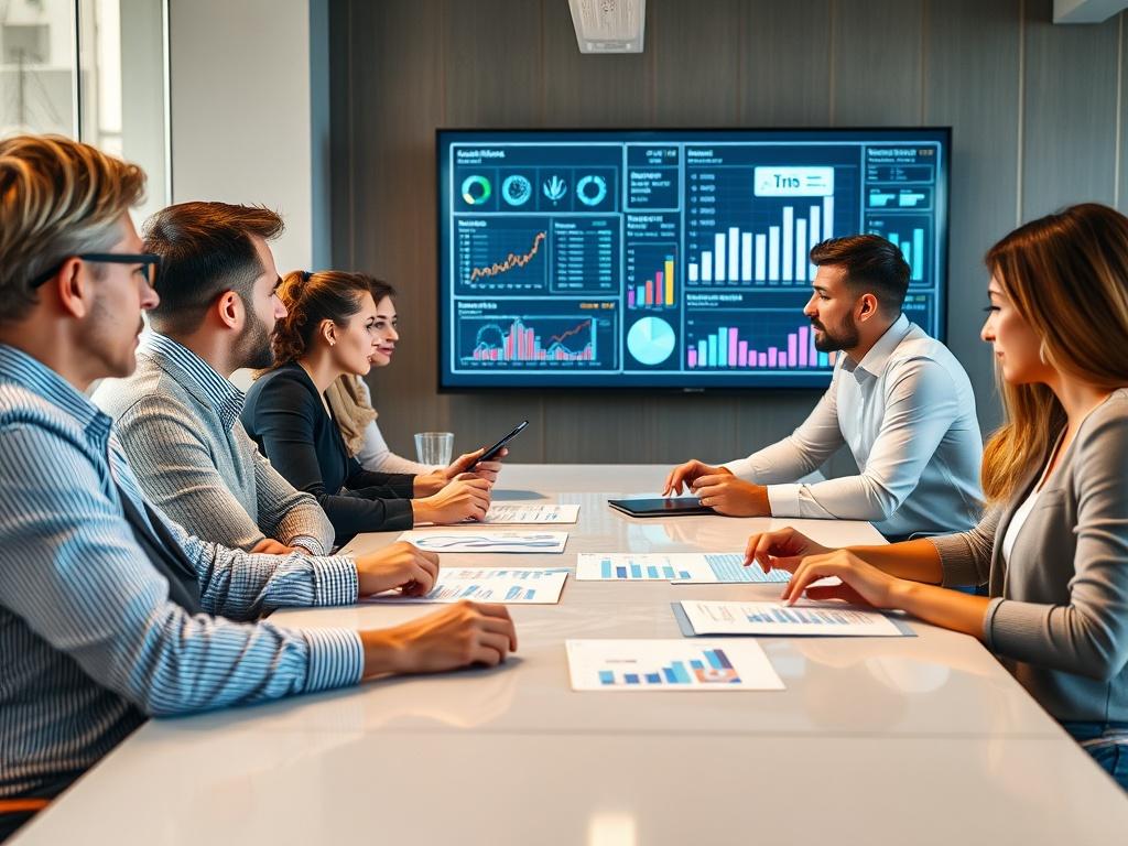 A hyper-realistic close-up shot of a business meeting in progress, with diverse professionals discussing eCommerce strategies over a sleek conference table. Charts and graphs are displayed on a large screen in the background. The ambiance is professional and dynamic, capturing the essence of strategic collaboration, with rgb(50, 170, 39) accents in the room design.