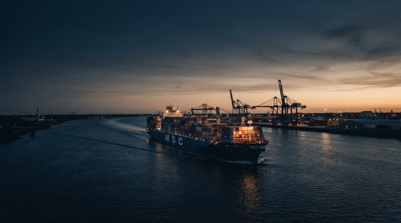Cargo vessel transiting a deep blue river at dusk