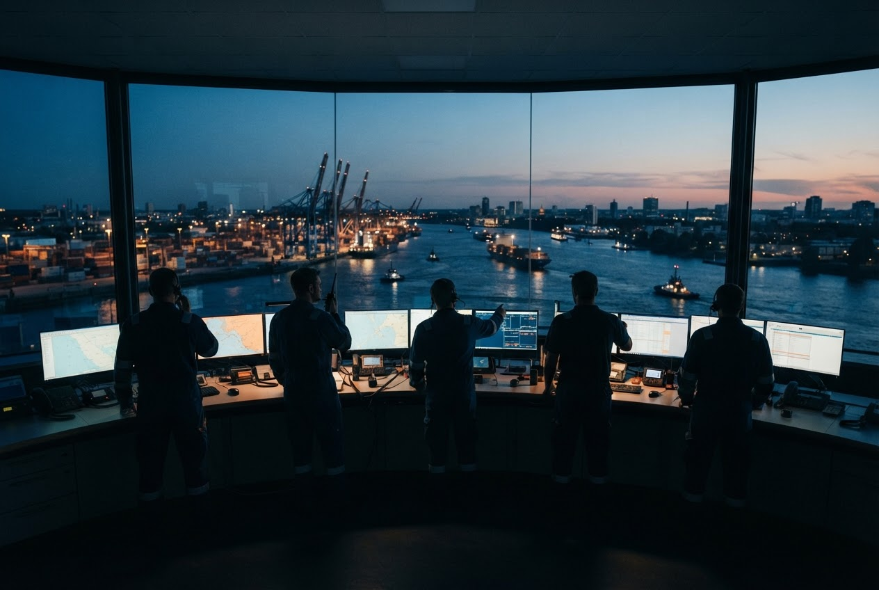 Dispatch operators silhouetted at a control desk overlooking a river port at dusk