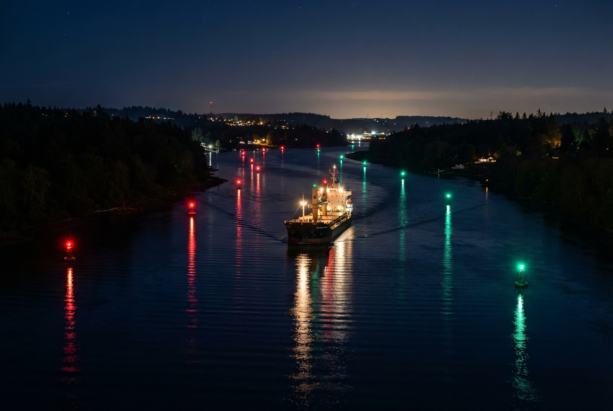 Illuminated navigation buoys guiding a vessel on a river at night
