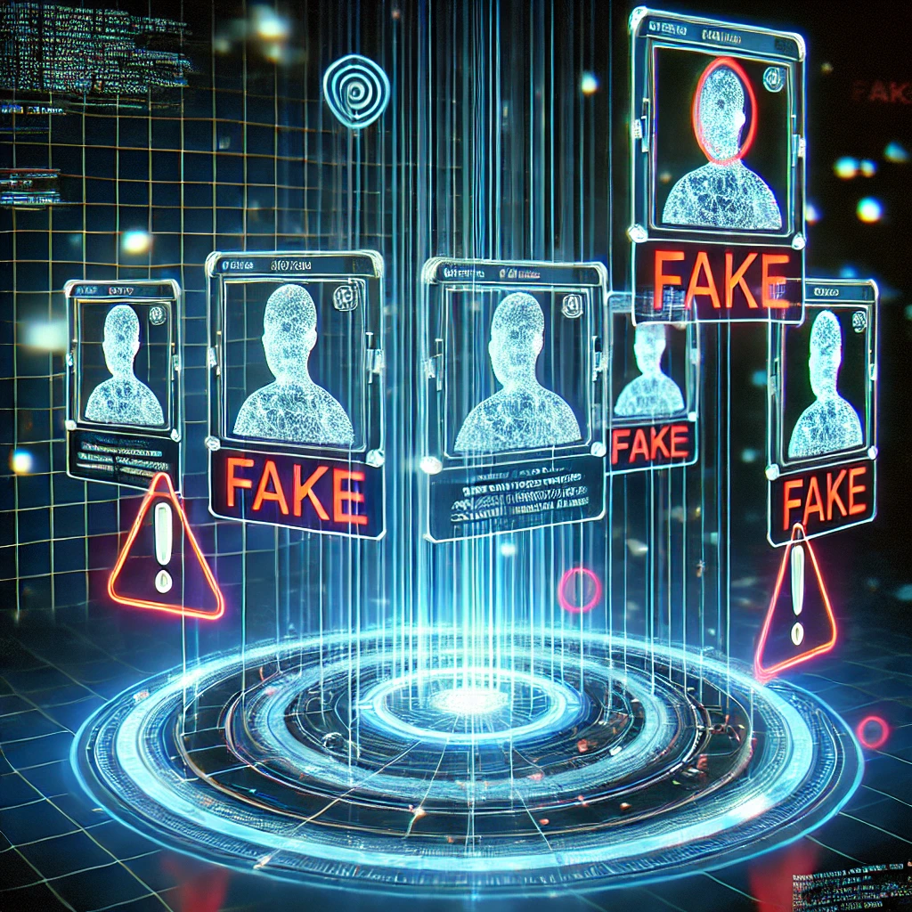 dall·e 2024-11-21 20.29.45 - a visually striking 3d wireframe illustration depicting the detection of fake social media profiles. the scene shows a glowing holographic display wit.webp