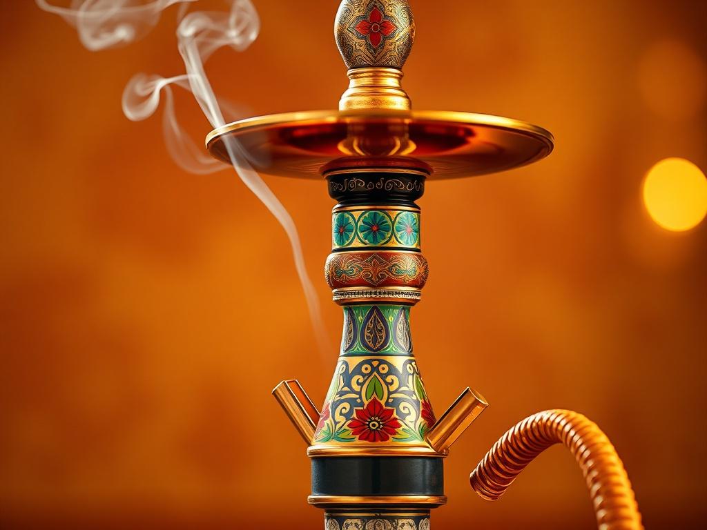 A close-up shot of a beautifully designed hookah, showcasing intricate patterns and vibrant colors. The hookah should be the only subject in the image, set against a softly blurred background that enhances its elegance. The lighting should be warm and inviting, highlighting the details of the hookah's craftsmanship and the smoke gracefully wafting from the bowl.