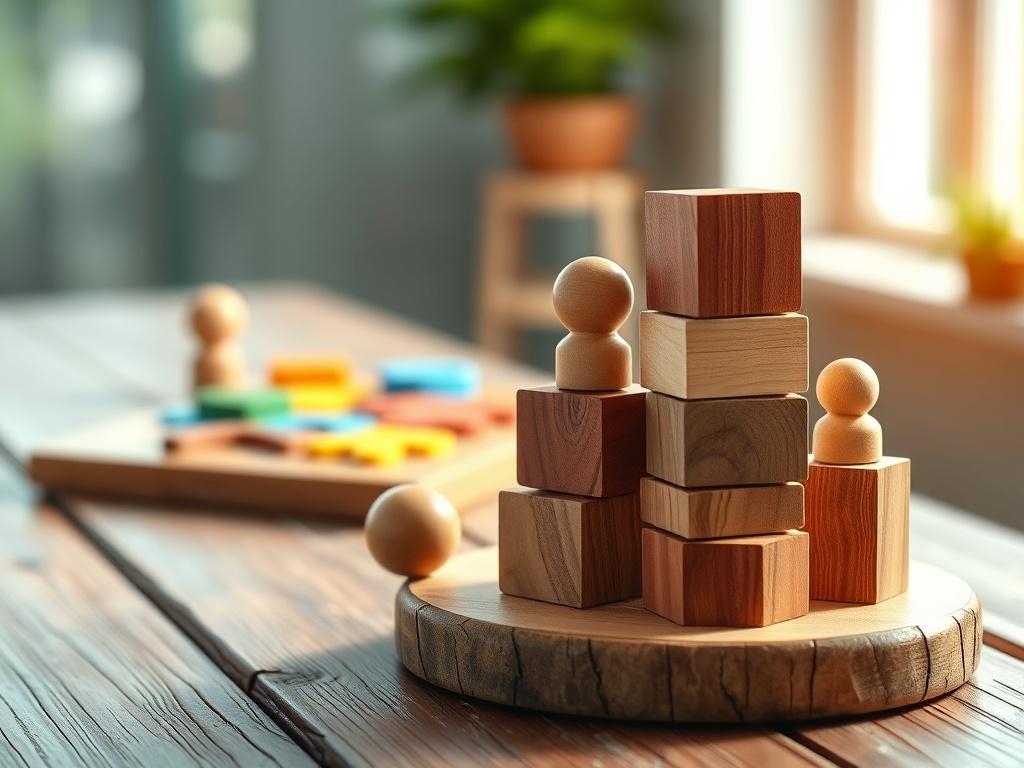 A beautifully crafted wooden toy set displayed on a rustic