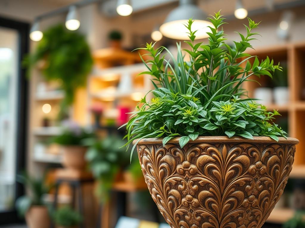 A close-up shot of a decorative planter filled with vibrant greenery, highlighting the planter’s intricate design. The background features a softly blurred shop interior, enhancing the inviting atmosphere. Shot with a 45mm f/1.2 lens style.