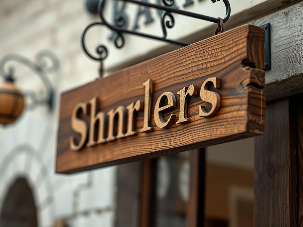 A close-up shot of a handcrafted wooden sign displaying a shop name, with rich wood grain texture in focus. The background is softly blurred, emphasizing the sign's craftsmanship. Shot with a 45mm f/1.2 lens style.
