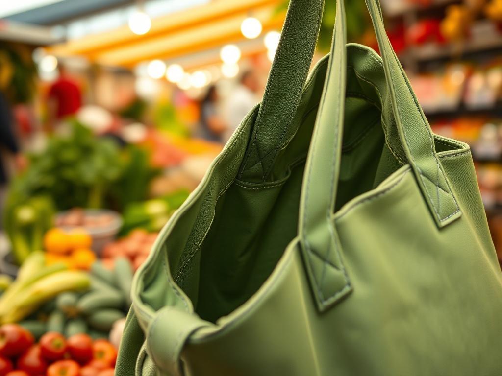 A close-up shot of an eco-friendly tote bag with a unique design, showcasing its durable fabric and spacious interior. The background features a blurred market scene, highlighting its practical use. Shot with a 45mm f/1.2 lens style.