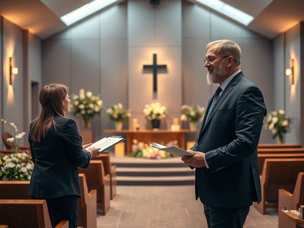 Professional male celebrant conducting a respectful funeral service in a crematorium chapel