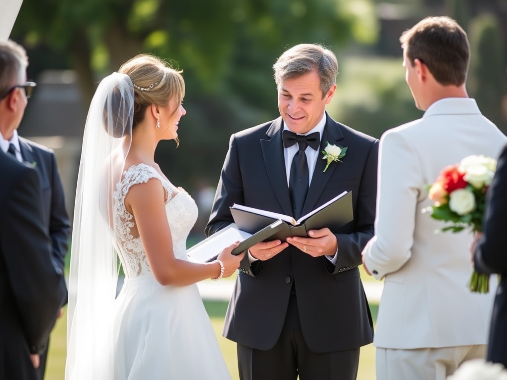 Professional female celebrant conducting an outdoor wedding ceremony