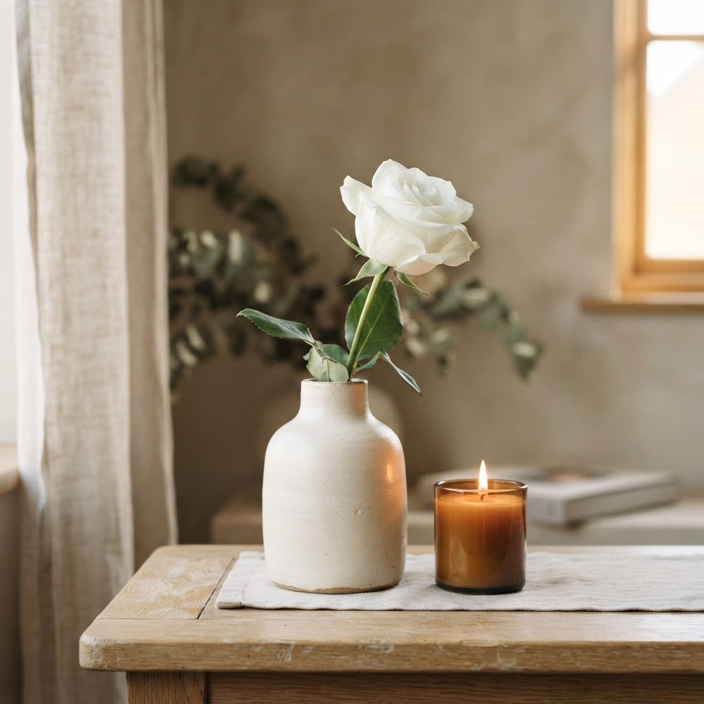 Single white flower in a soft vase with a gentle lit candle