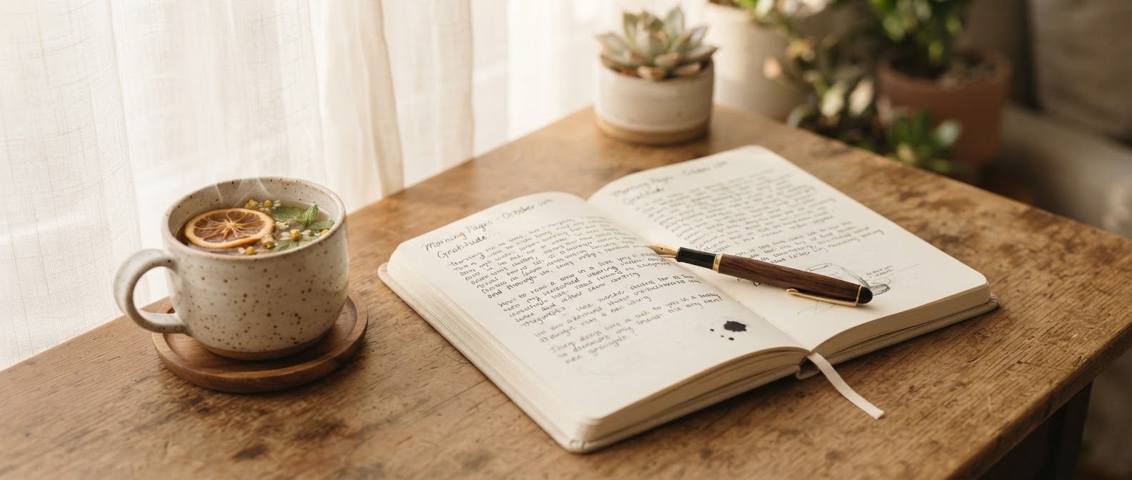 Cup of herbal tea beside an open notebook with a fountain pen in warm morning light