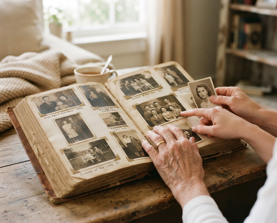 Hands gently touching pages of an old family photograph album in warm light