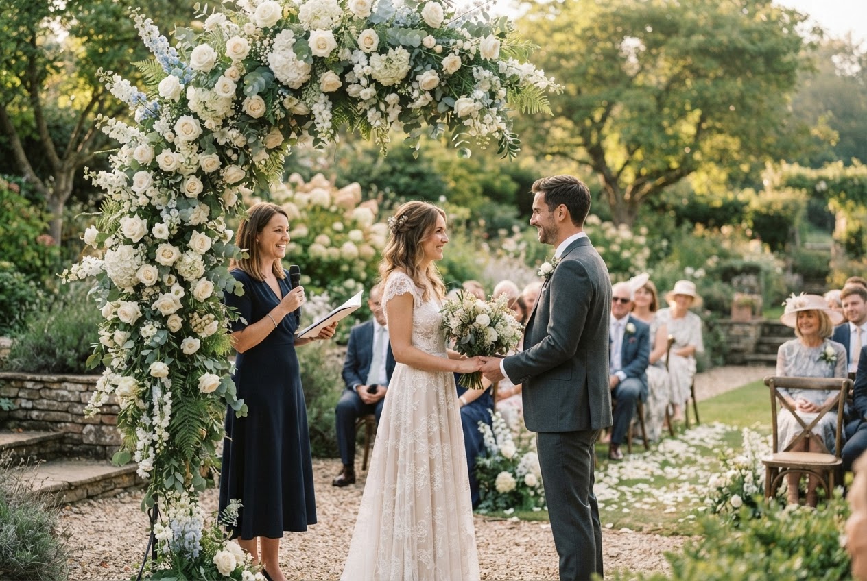 Professional female celebrant conducting an outdoor wedding ceremony under a floral arch