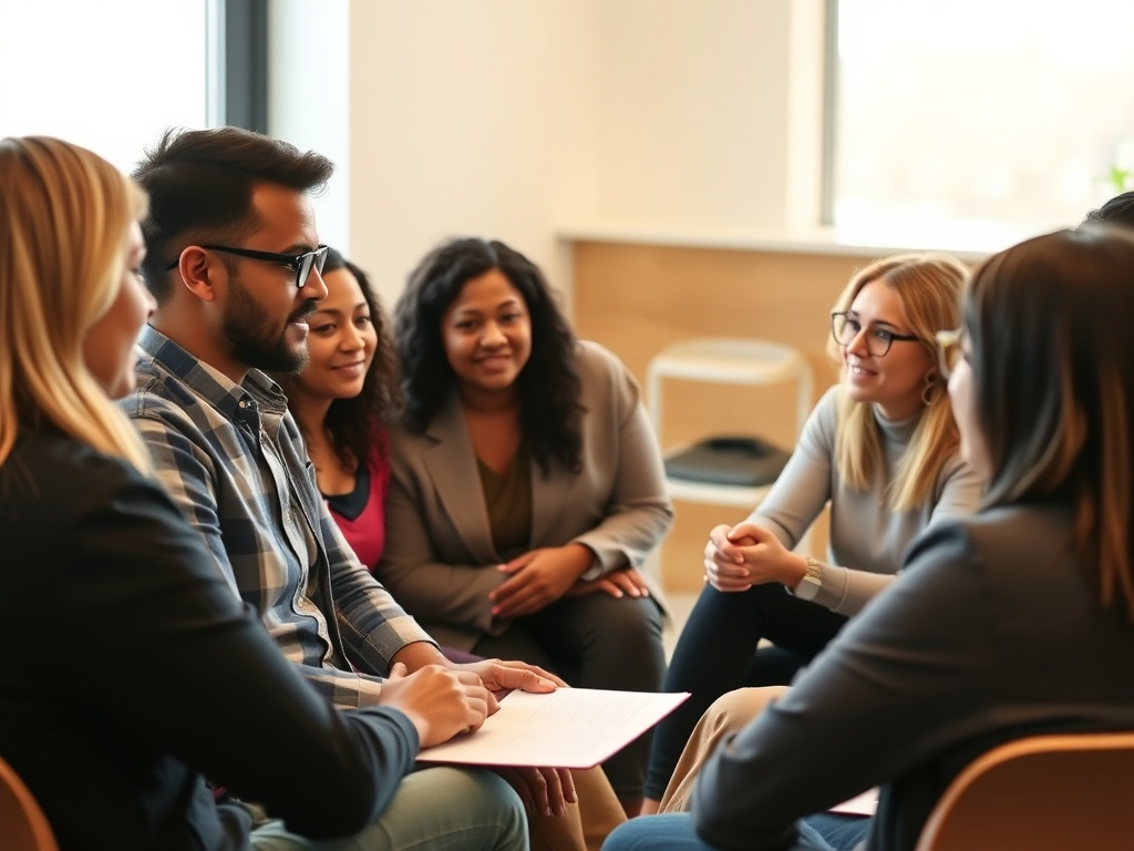 Professional training environment with diverse group of people in supportive discussion