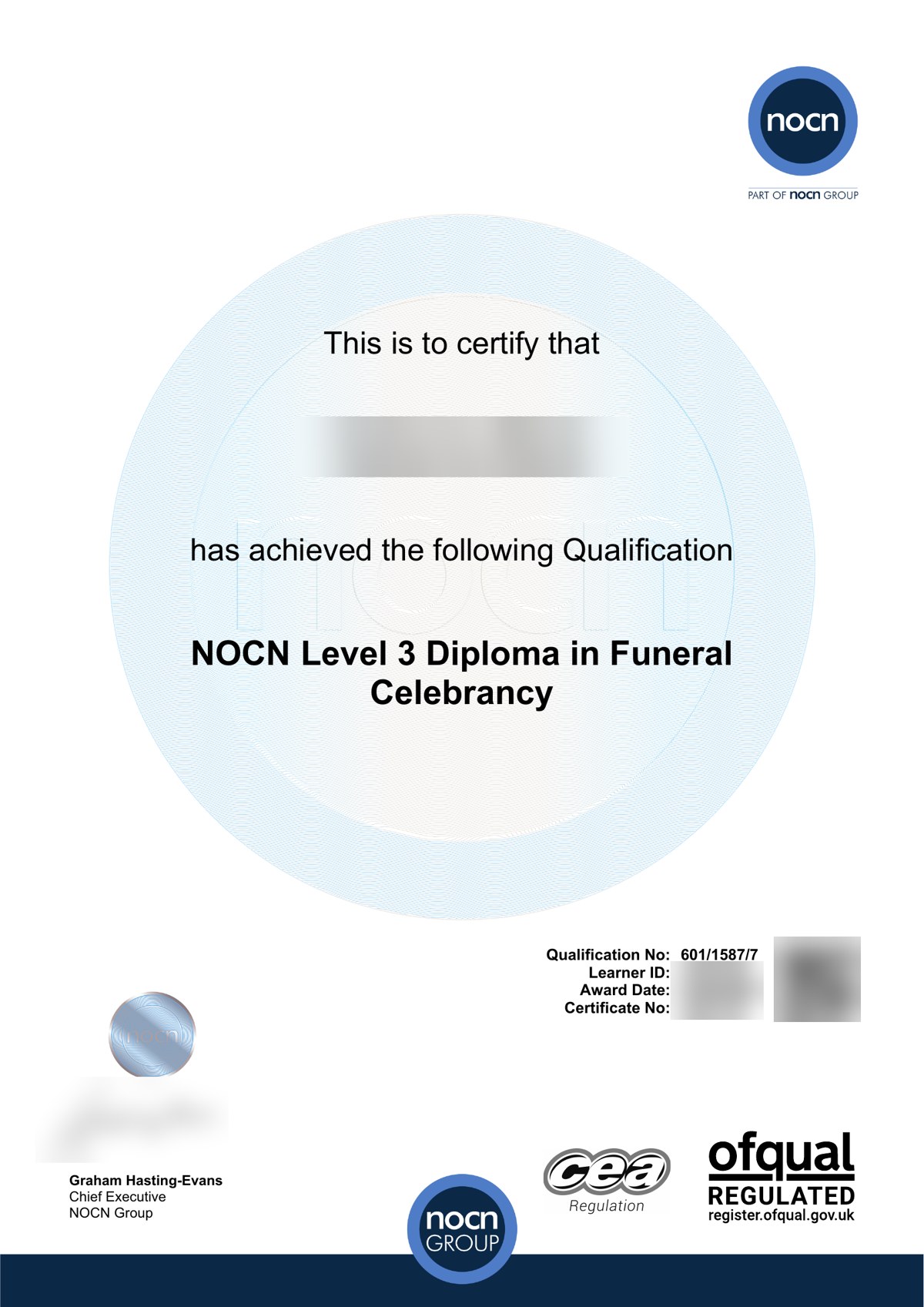 Sample NOCN Level 3 Diploma in Funeral Celebrancy certificate with personal details removed