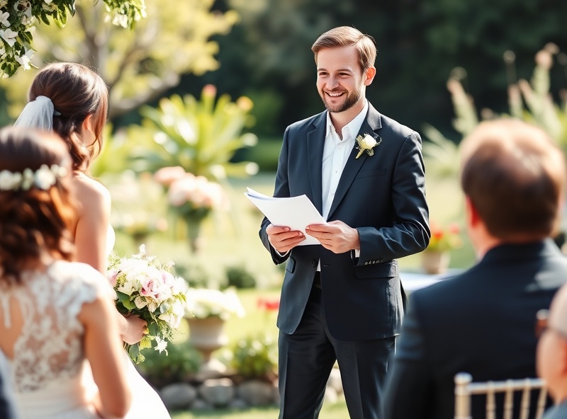 Professional wedding celebrant conducting an outdoor garden ceremony