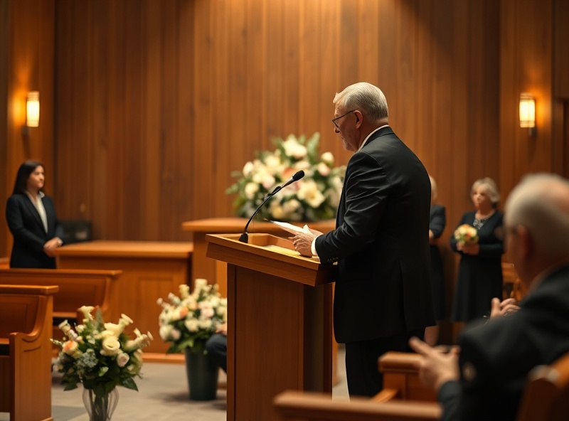 Professional funeral celebrant conducting a dignified ceremony